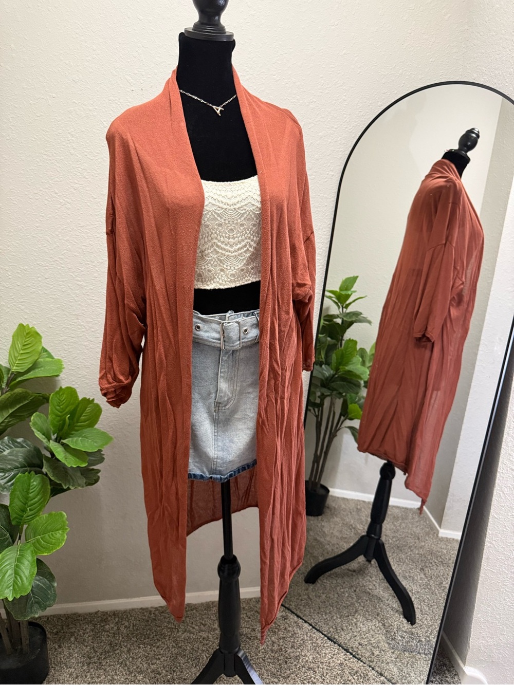 Lightweight Rust Open-Front Cardigan
